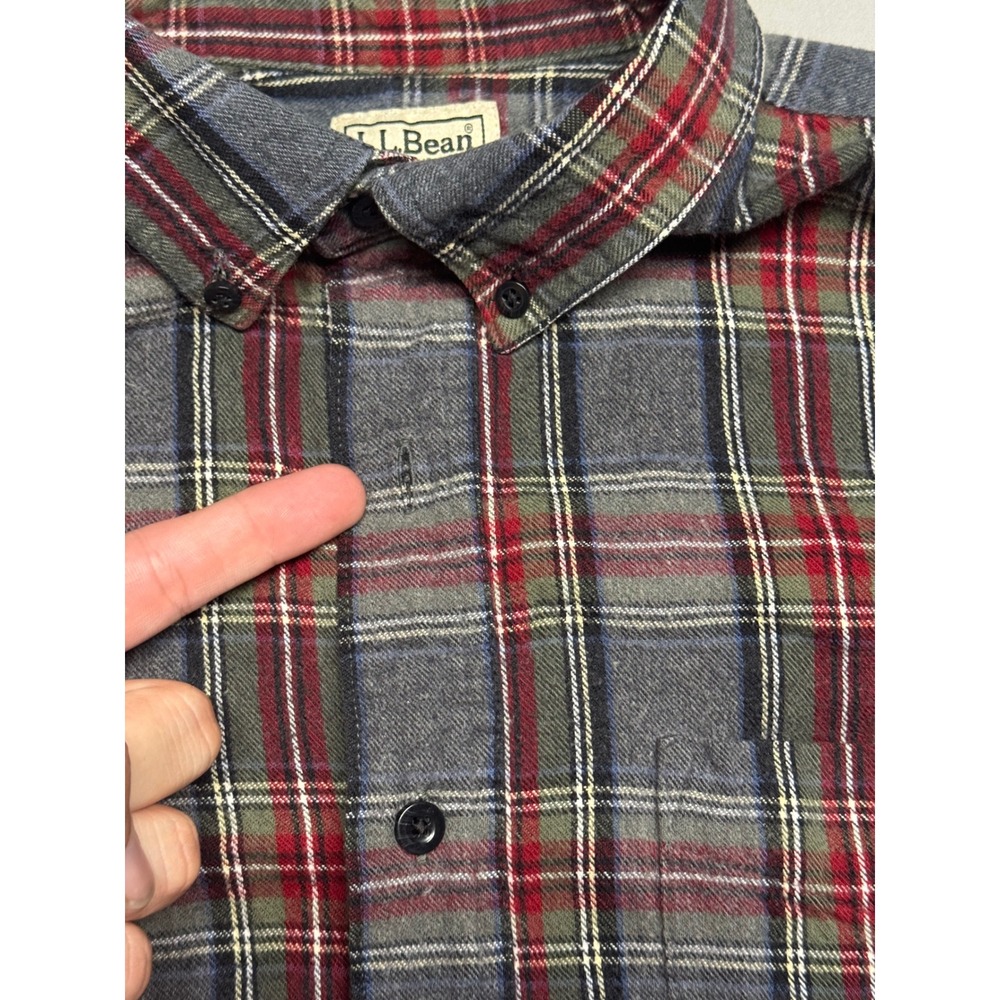 LL Bean Mens Large Tall Slightly Fitted Plaid Flannel Shirt Grey Red 298168 - Picture 2 of 7